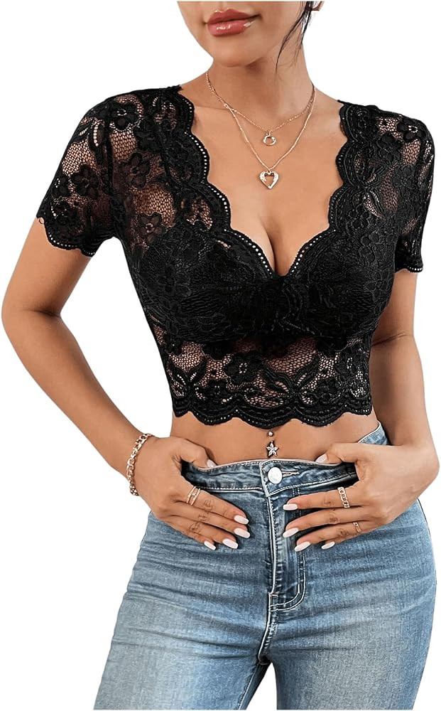 COZYEASE Women's Sheer Lace Crop Tops V Neck Short Sleeve T Shirt See Through Tee Shirt Going Out... | Amazon (US)
