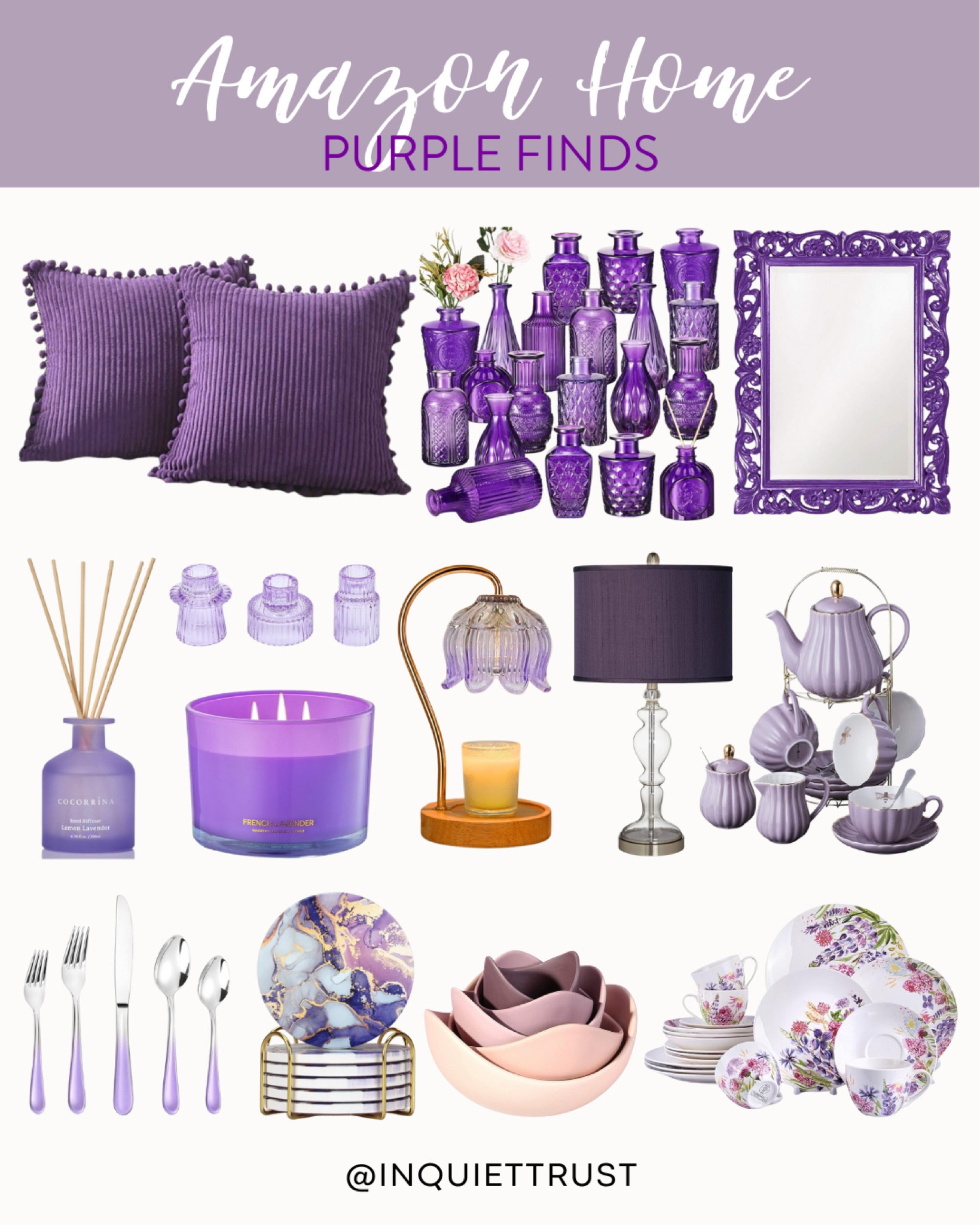 Upgrade your home this summer with these purple finds from Amazon: throw pillows, elegant vases, cute dinnerware sets, a candle warmer, a table lamp, and more!
#kitchenessentials #designtips #affordablefinds #homedecor

#LTKHome #LTKStyleTip #LTKSeasonal