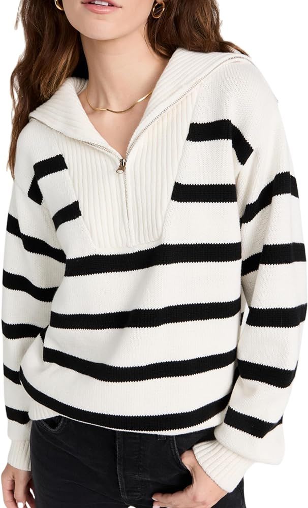 Women's 2023 Fall Winter Striped Long Sleeve Half Zip Oversized Knit V Neck Lapel Pullover Sweate... | Amazon (US)