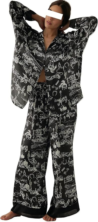LILTWIST Silk Satin Pajamas Set for Women 2 Piece Floral Pjs Wide Leg Lounge Pants Set Long Sleev... | Amazon (US)