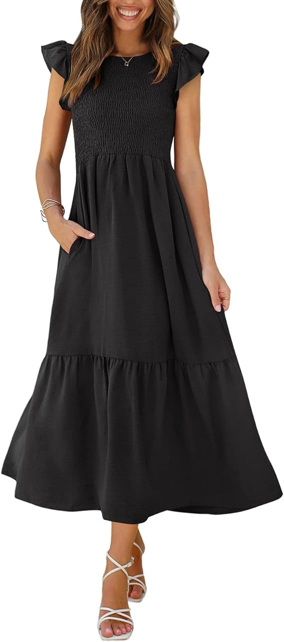 OFEEFAN Women's Casual Maxi Dresses with Pockets Ruffle Sleeve Smocked Dress XS-2XL | Amazon (US)