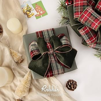 Ribbli Moss Green Velvet Wired Ribbon with Plaid Reversible 2.5 Inch Christmas Ribbon for Gift Wr... | Amazon (US)