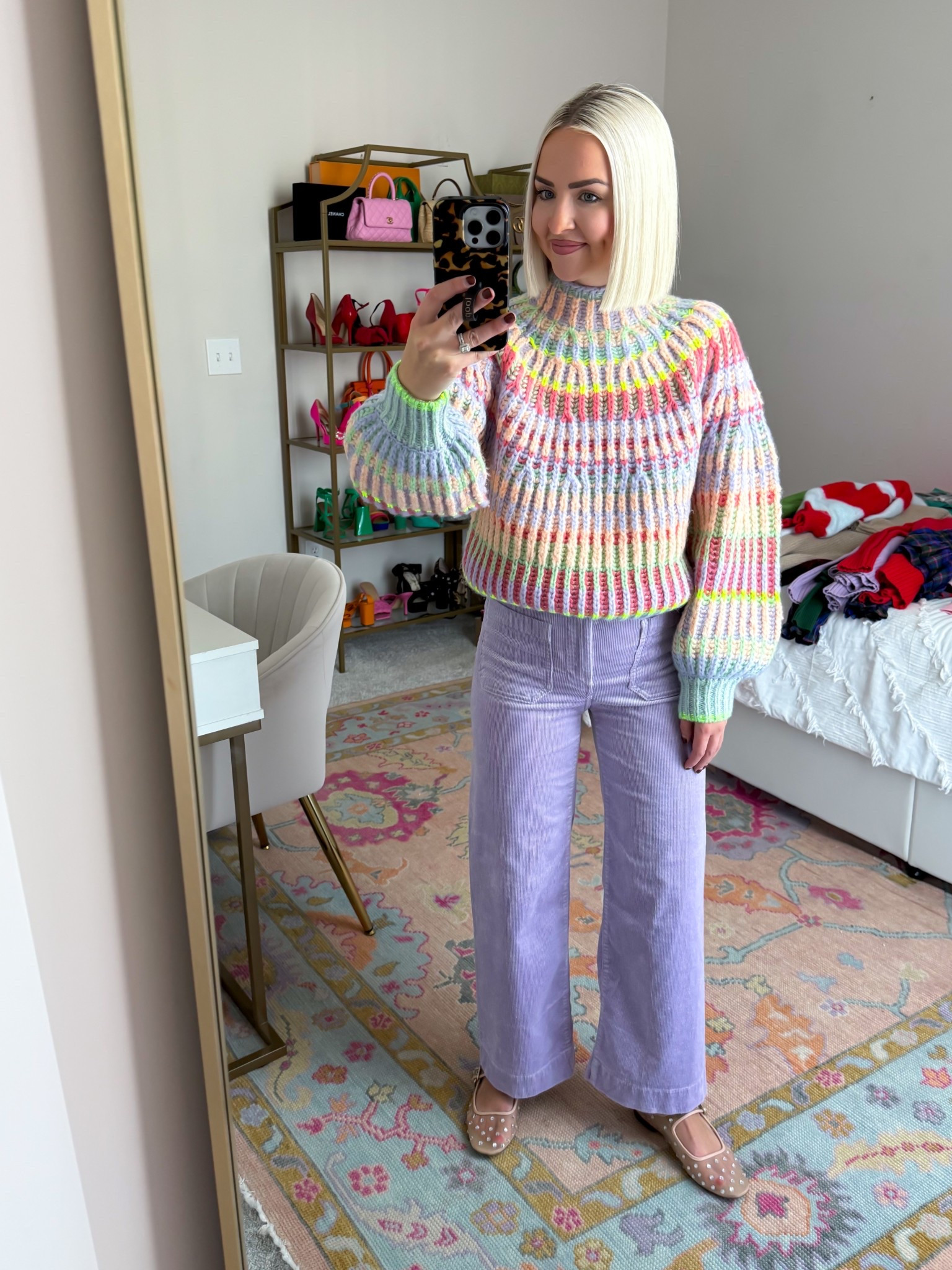 Pastel stripe sweater / multicolored sweater (XXS, size up for looser fit) / lavender Colette corduroy crop wide leg pants (24 regular - I’m 5’2)

#LTKPetite #LTKSeasonal #LTKHoliday