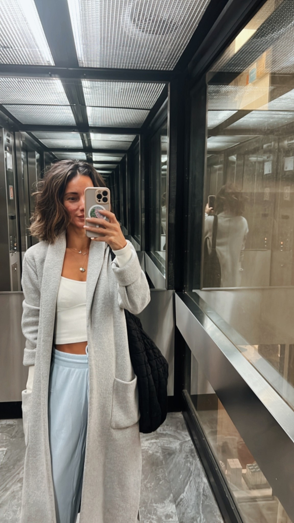 Wearing size small in pants, coat is xxs, top is xs 