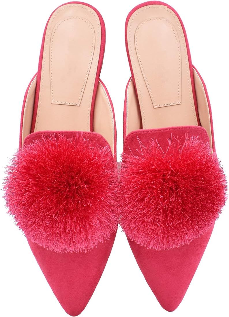 Slip On Mule Backless Loafers Flats Puff Pompom Pointed Toe Casual Shoes Slippers | Amazon (US)