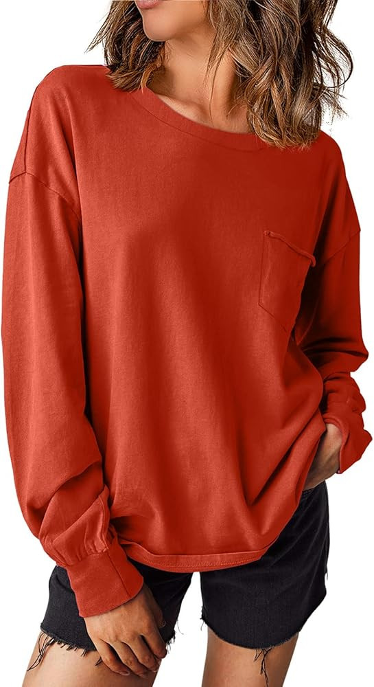 EVALESS Long Sleeve Shirts for Women Spring Summer Fashion 2025 Cotton Crewneck Tops Oversized Ts... | Amazon (US)