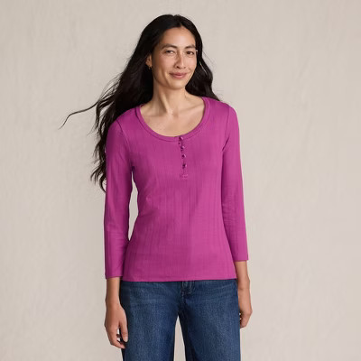 Lands' End Women's 3/4 Sleeve Variegated Micro Rib Henley - Large - Light Raspberry Sorbet | Target
