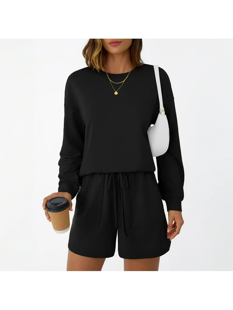 SUNBS Womens Crew Neck Two Piece Short Sets Long Sleeve Drawstring Summer Sweatsuit with Pocket | Walmart (US)