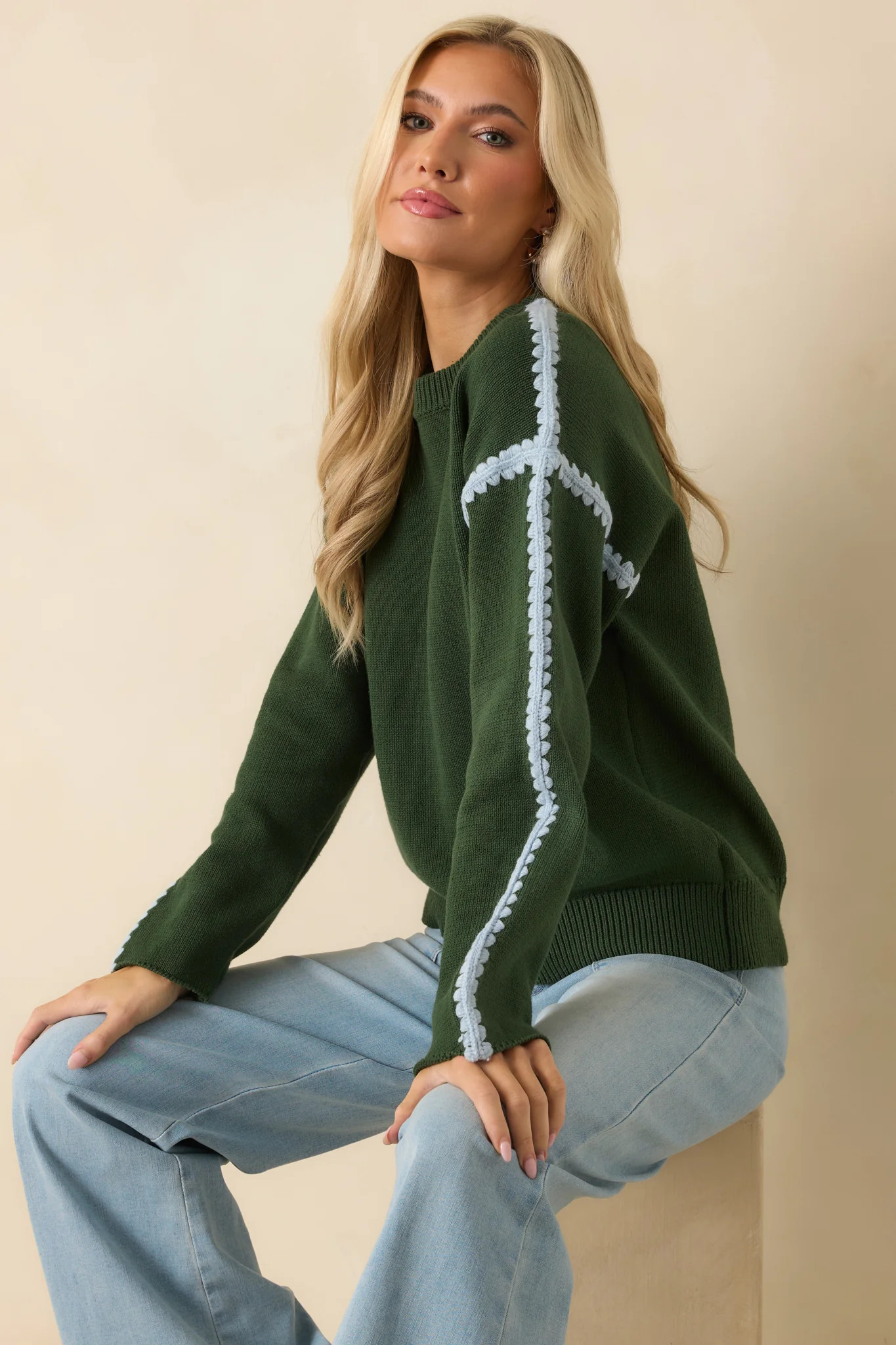 Along The Lines Moss Green Cotton Knit Crochet Trim Sweater | Red Dress