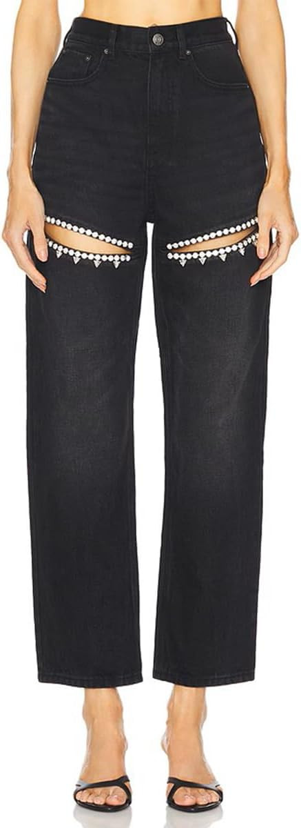 Baggy Ripped Jeans for Women Y2k Rhinestone Jeans High Waist Pants Stretch Fabric | Amazon (US)