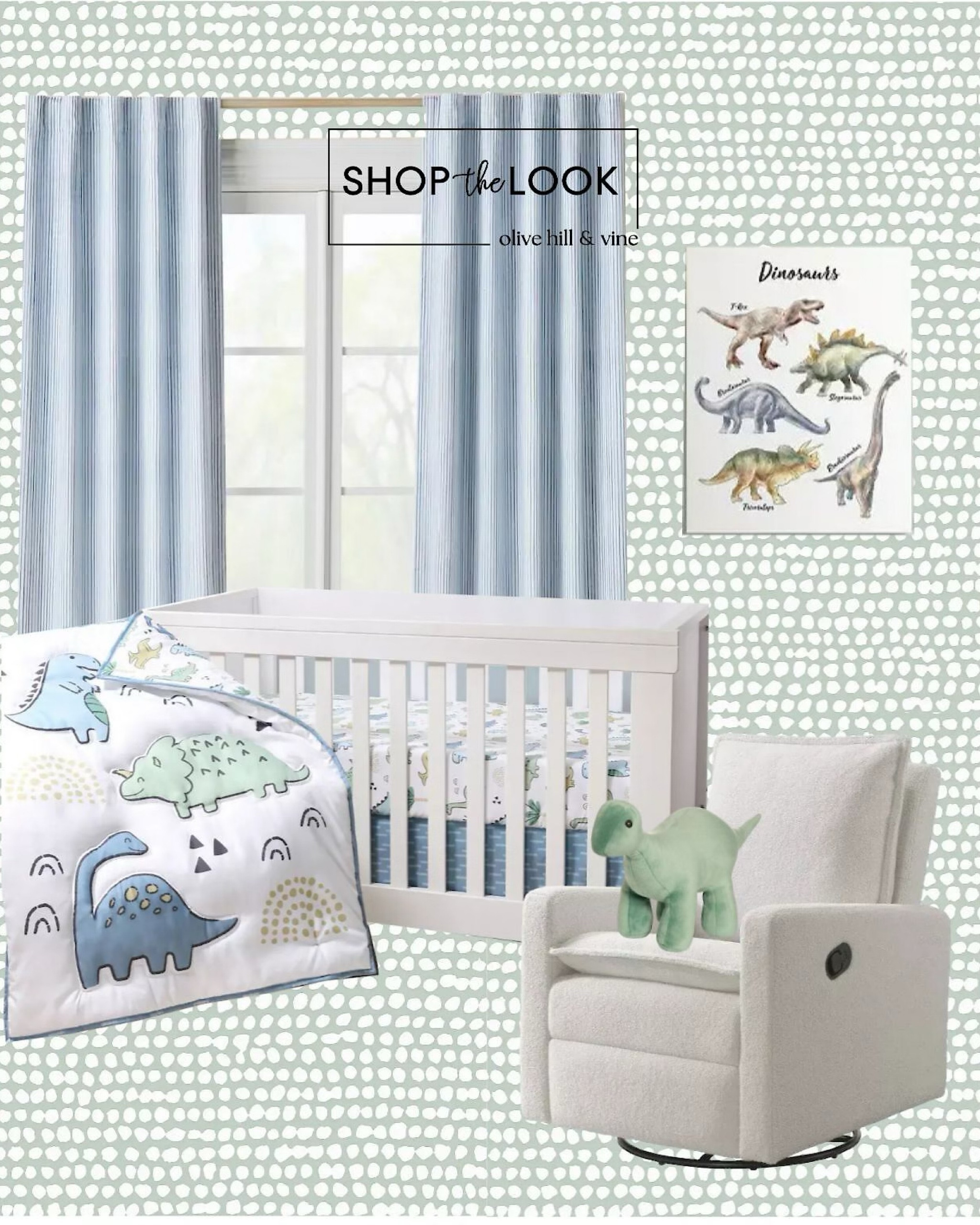 Step into a world of prehistoric charm with our dinosaur-themed nursery! The white convertible crib, comfy swivel glider, and whimsical green dot wallpaper set the stage. Add blue blackout curtains, watercolor dino art, and velvety brontosaurus for a cozy and fun space for your little one! 

#LTKBump #LTKBaby #LTKHome