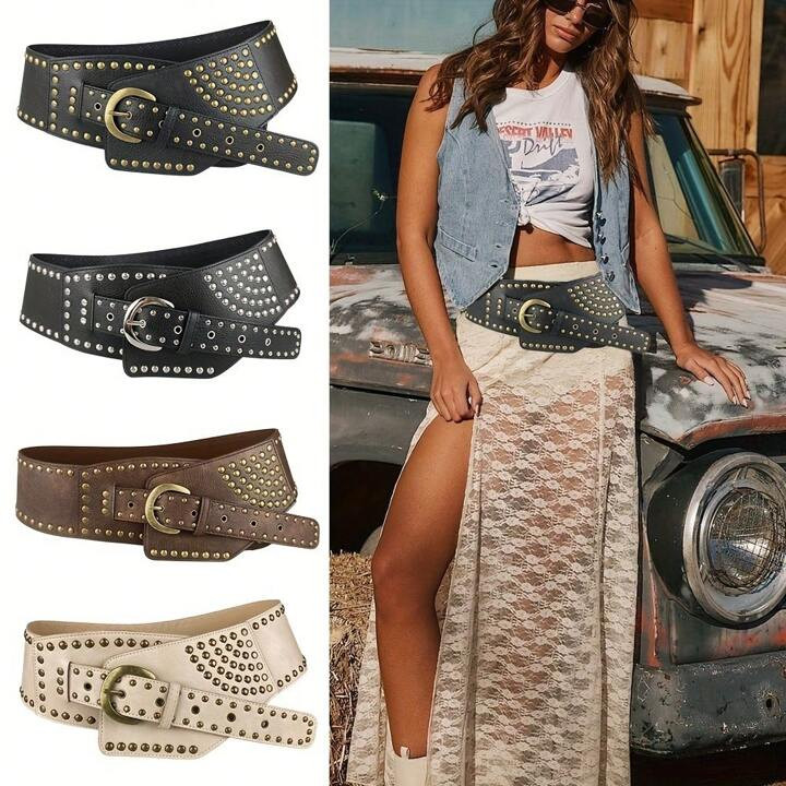 Street Y2k New Retro Rivet Perforated Pu Belt Western Style Fashion Pin Buckle Wide Waist Belt, Punk Belt Halloween | SHEIN