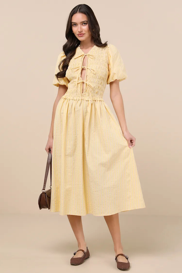 Sara Yellow Striped Smocked Puff Sleeve Midi Dress | Lulus