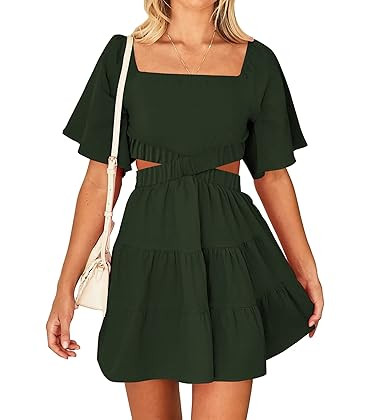 BTFBM Women Summer Dresses 2023 Square Neck Short Sleeve Cutout Crossover Waist Casual Party Tier... | Amazon (US)