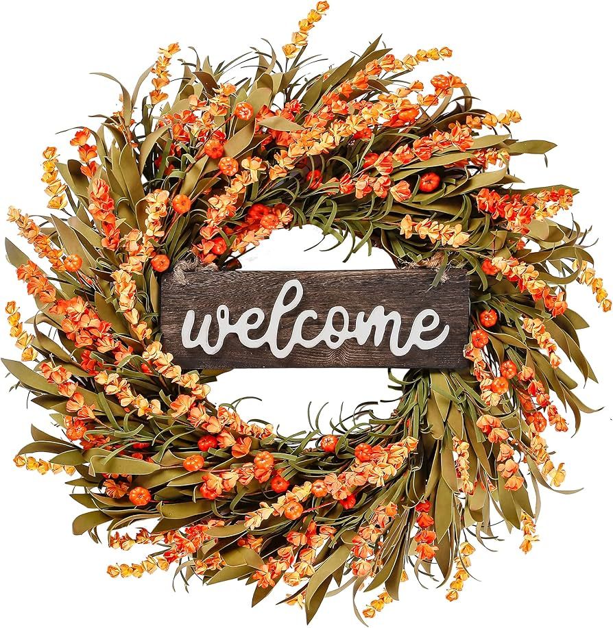 Sggvecsy Artificial Fall Wreath 22’’ Autumn Front Door Wreath Harvest Wreath with Fall Flower... | Amazon (US)