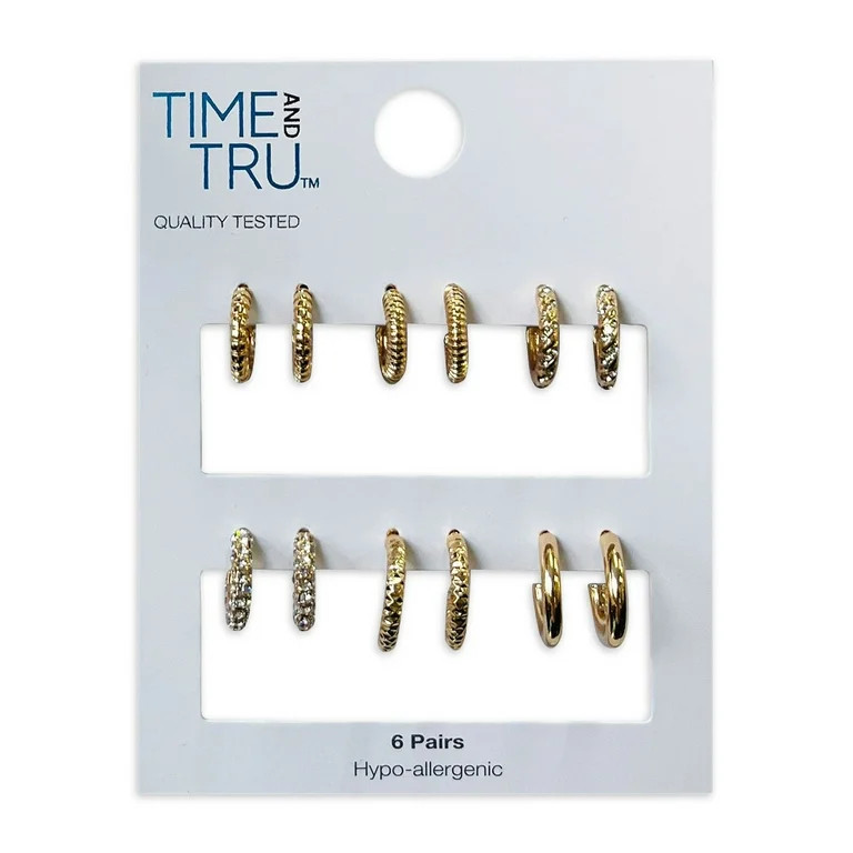 Time and Tru Pave Stones Gold Plated Earrings with Bullet Backs, 6 Pack | Walmart (US)