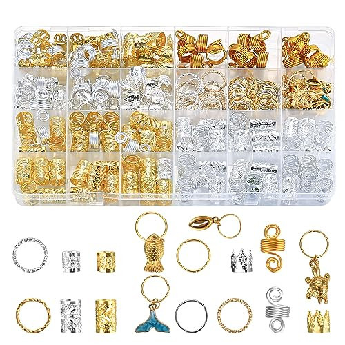 Hair Jewelry for Braids, 220pcs Loc Jewelry for Hair Dreadlock, Hair Braid Rings, Hair Cuffs Beads Clips, Hair Charms Decoration Dreadlock Accessories for Girls Women Hair Braiding - Silver/Gold | Amazon (US)