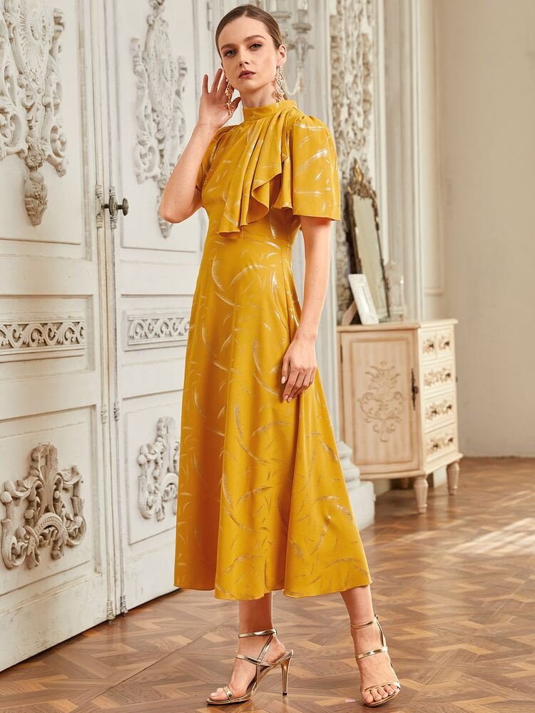 Gilding Print Stand Collar Dress | SHEIN