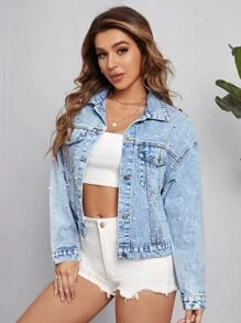 Drop Shoulder Pearl Beaded Denim Jacket SKU: sw2203221125274293(100+ Reviews)Cotton$29.99$28.49Jo... | SHEIN