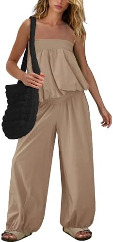 SENSERISE Pants Sets Women 2 Piece Outfits Bubble Off Shoulder Strapless Tube Top Wide Leg Pants ... | Amazon (US)