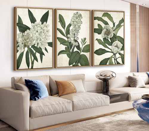 Large Framed Canvas Wall Art - Natural Float Framed White Flowers Green Leaves Pictures Decor Simple Botanical Plants Artwork for Living Room Bedroom Kitchen Home Office Decoration 48" X 24" Set of 3 | Amazon (US)