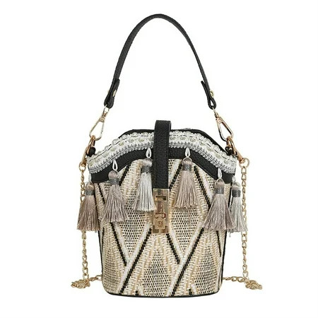 Handbag Women Summer Rattan Tassel Bag Handmade Woven Beach Bohemia Shoulder Bag-Black | Walmart (US)