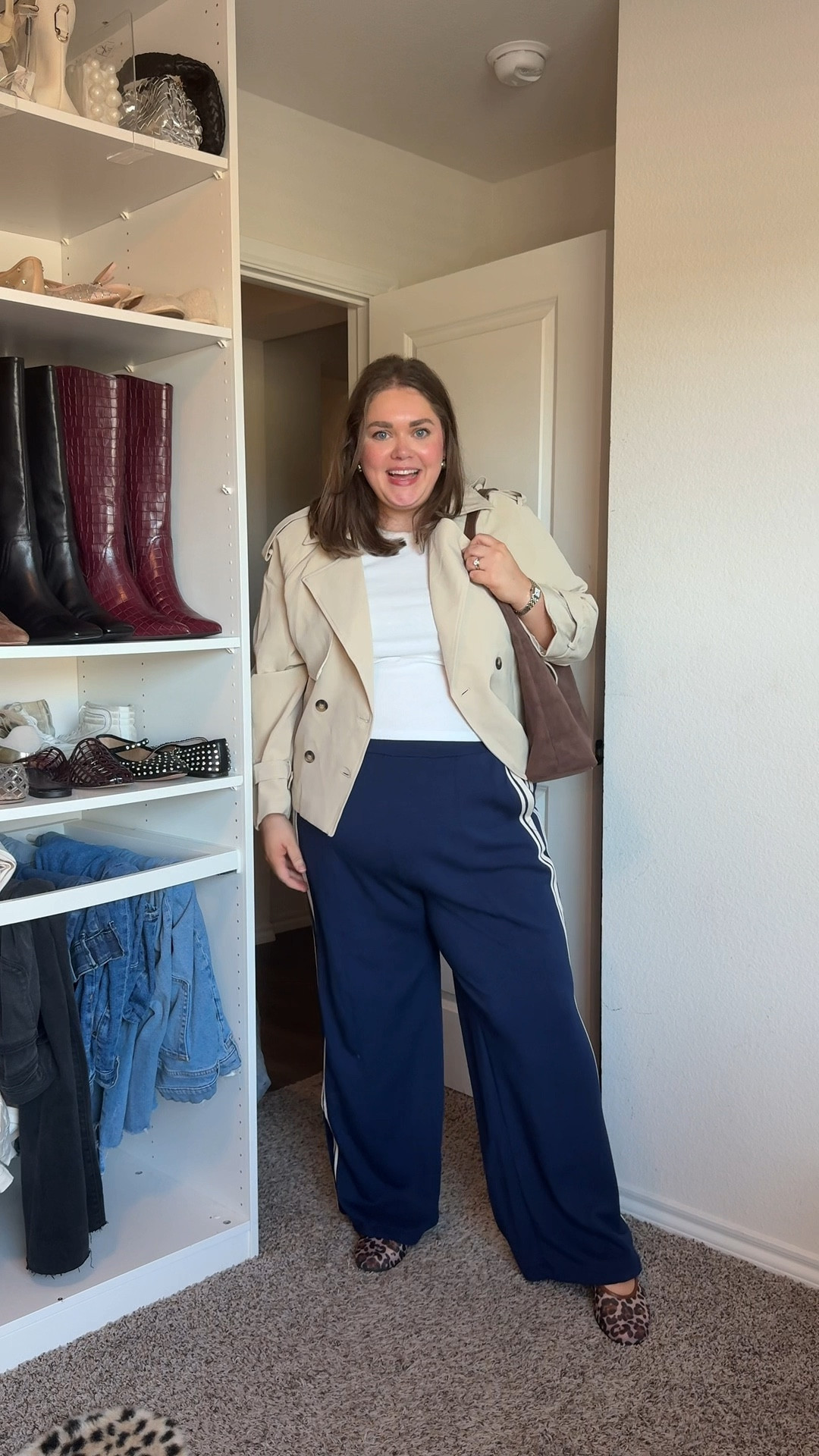 Fall comfy plus size outfit wearing xxl in tank and size 2 in track pants. Leopard flats are Amazon and xxl in Amazon cropped trench jacket  

#LTKFindsUnder50 #LTKPlusSize