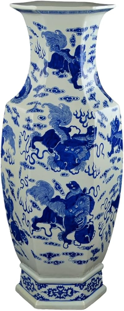 25" Classic Blue and White Hexagonal Porcelain Vase, Lion Dance, Ceramic China Qing Style \uff08D... | Amazon (US)