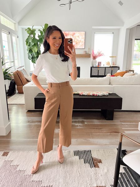 Workwear outfit for spring, summer and fall. Love these Aritzia wide leg cropped pants that are petite friendly! Wearing size 00 regular and they fit like a dream. Pairing with my favorite knit top from MMLF, use code HKCUNG for 20% off your first full price purchase. 

#LTKWorkwear #LTKStyleTip