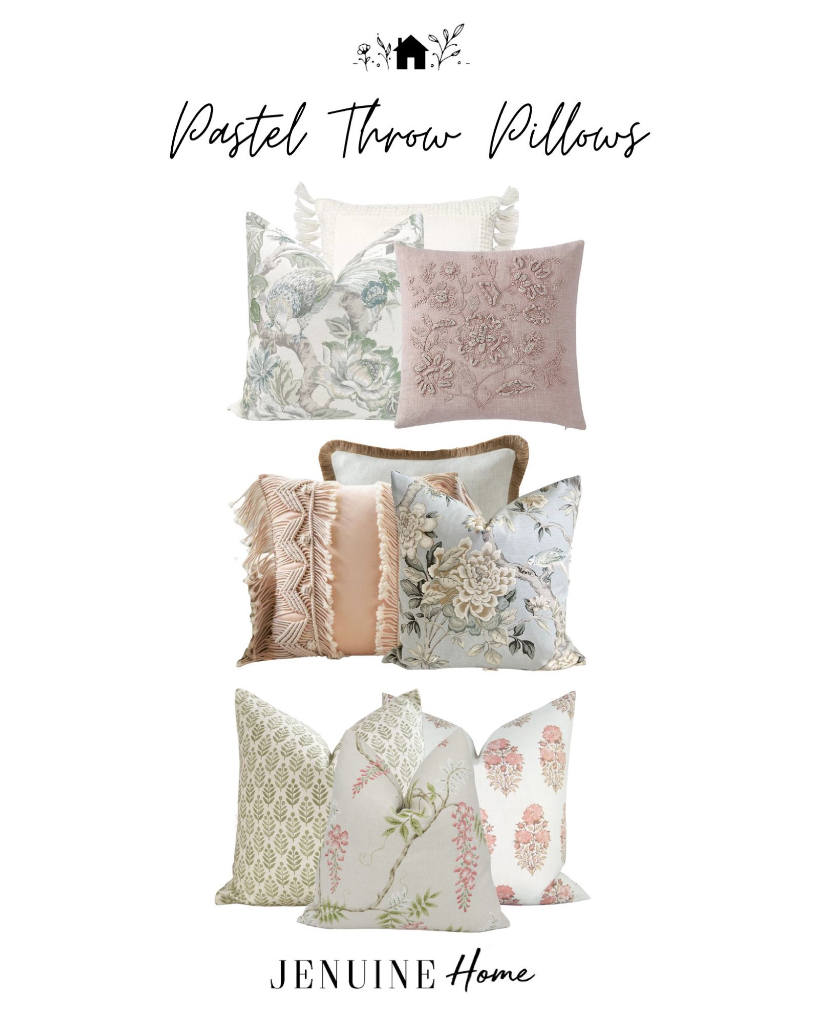 Romantic throw pillows. Light pastel throw pillows. Traditional throw pillows. Pink, white, green, grey, blue, neutral, floral, tasseled throw pillow. Indian stamp throw pillow.  Embroidered throw pillow. Serena and Lily throw pillow  