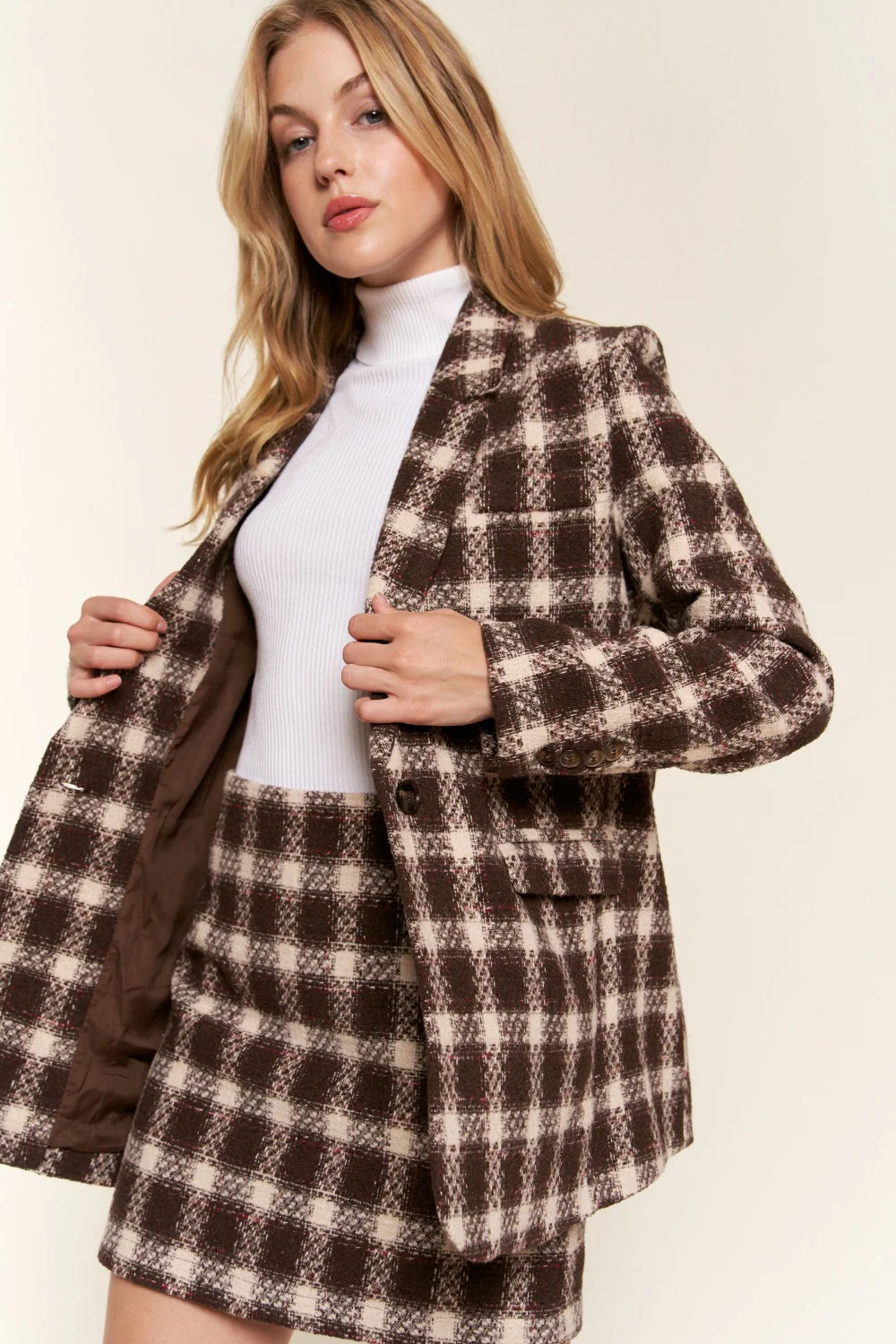 And The Why Full Size Plaid Brushed One Button Blazer | Ami Club Wear
