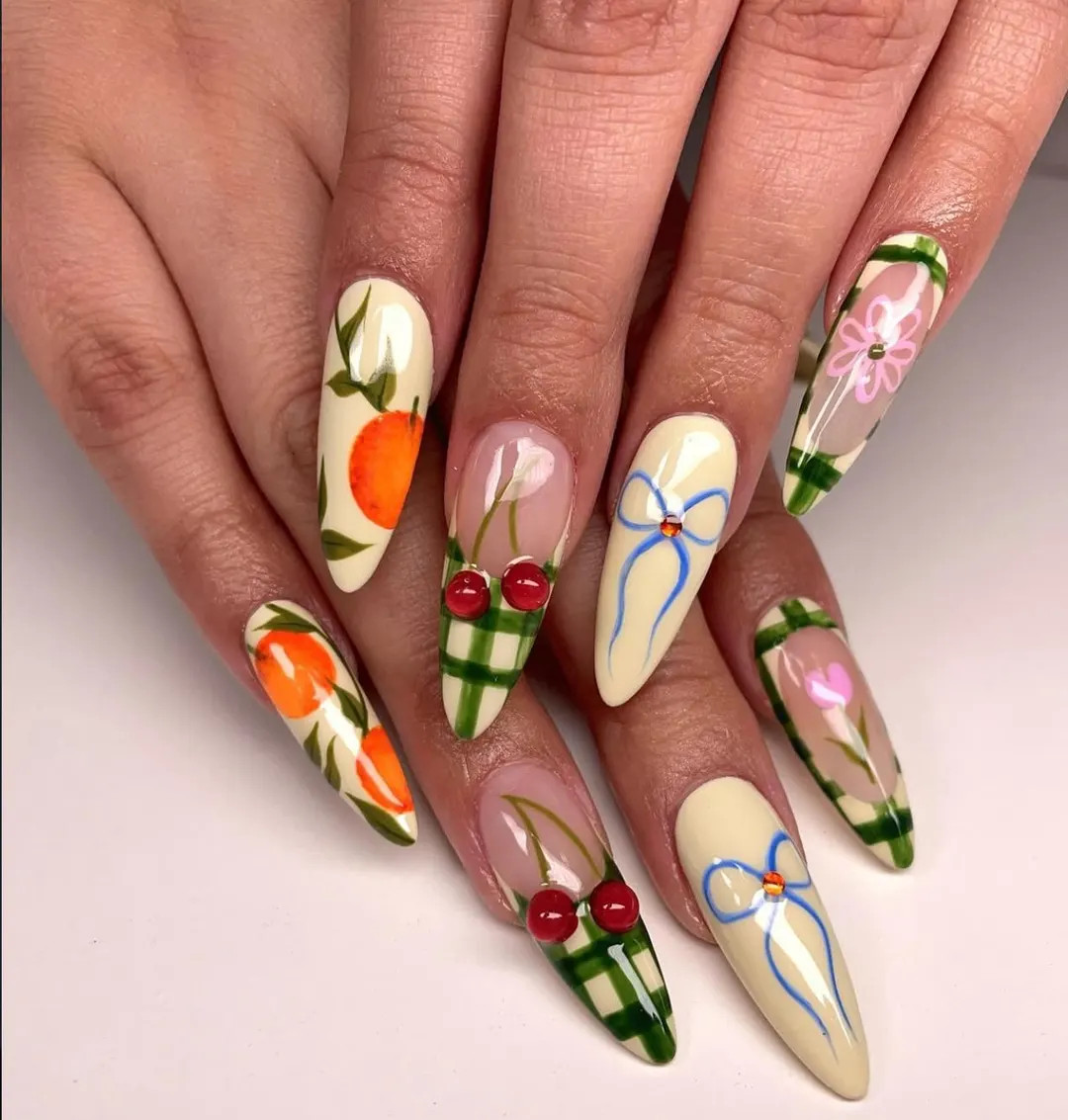 Cherry Floral Press On Nails: Handmade Fruit Nail Art with Ribbon | Etsy (US)