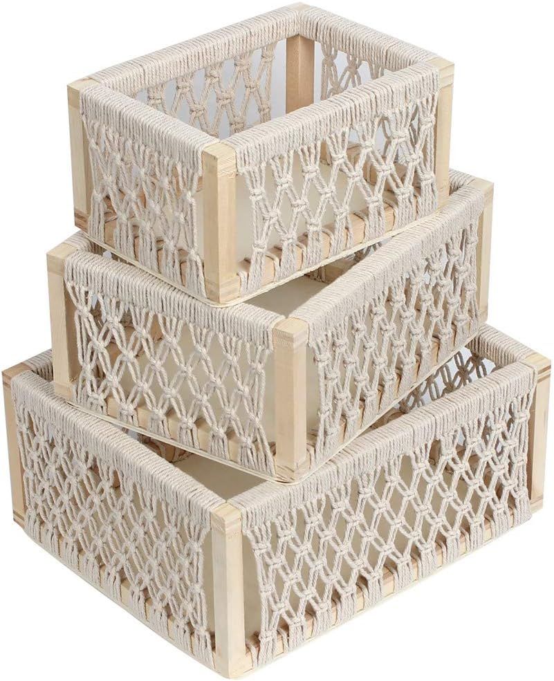 Macrame Storage Baskets for Shelves and Closet, Decorative Boho Woven Baskets for Organizing and ... | Amazon (US)