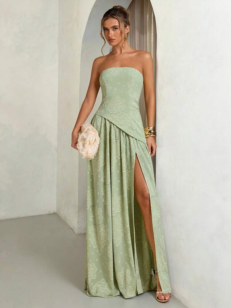SHEIN BAE Sage Green, Pistachio Green, Light Green Textured Jacquard High Slit Dress, Elegant Long Dress, Brunch Dress, Wedding Guest Attire, Cocktail Party Formal Gown | SHEIN
