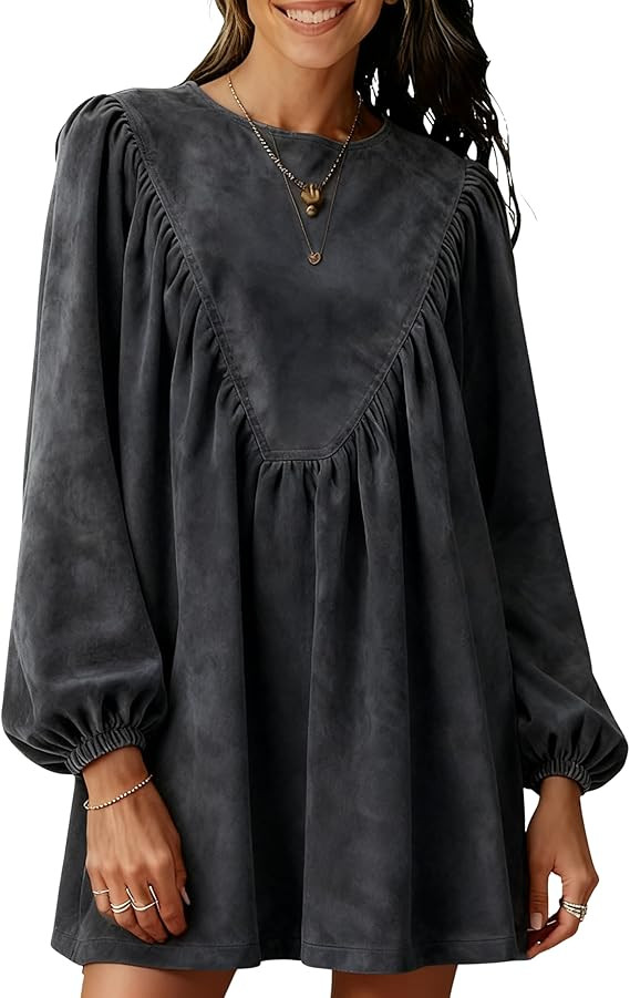 Huaqiao Womens A-Line Faux Suede Peplum Pleated Babydoll Mini Dress Casual Long Sleeves Crew Neck... | Amazon (US)