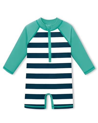 BesserBay Zipper Front One Piece Snaps Bottom Swimwear Bathing Suit for Baby Boy Sun Protective Green Navy Striped Swimsuit 12-18 Months | Amazon (US)