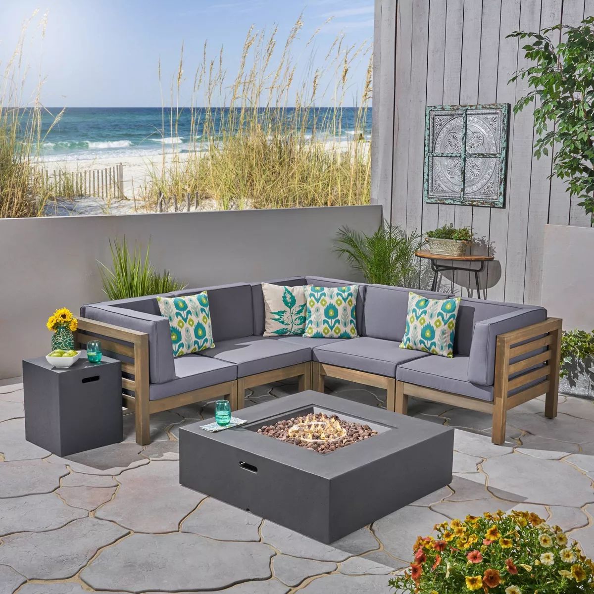 Oana 7pc Acacia V-Shaped Sectional Sofa with Fire Pit Set - Gray/Dark Gray - Christopher Knight H... | Target