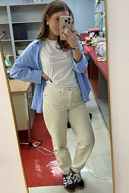An easy teacher outfit! Classic blue button down, white graphic tee and cream denim pants, with colorful sneakers, maroon sneakers, burgundy sneakers, spring outfit

#LTKshoecrush #LTKfindsunder100 #LTKstyletip