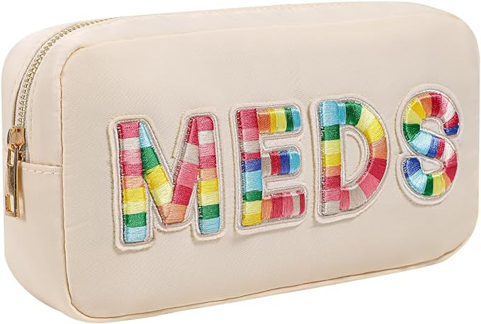 Chenille Letter Patch Nylon Medicine Packages,Cute MEDS Travel Makeup Bag with Metal Zipper, Firs... | Amazon (US)