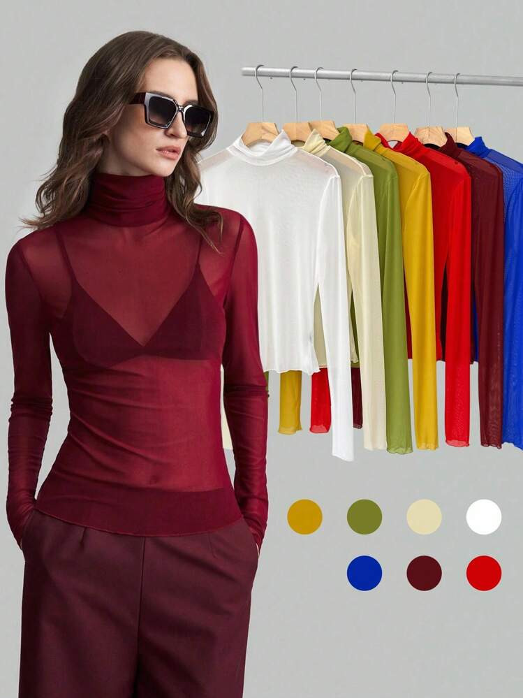 Ontre Women's 2025 New Versatile Practical Clothing, Four-Way Stretch Fabric Long Sleeve High Collar Turtleneck Elegant Burgundy Blouse For Autumn/Winter, New Year Ladies Top, Long Sleeve Mesh Blouse, Red Women's Blouse, Business Casual Office Wear Low-Key Vintage Style High-Quality Commuter Airport Ladies Apparel High-Grade Material Low-Key And Durable Basic Style, All-Match And Suitable For Everyone, Street Fashion Wear, Coffee Shop Wear, Relaxed Wear All-Season | SHEIN