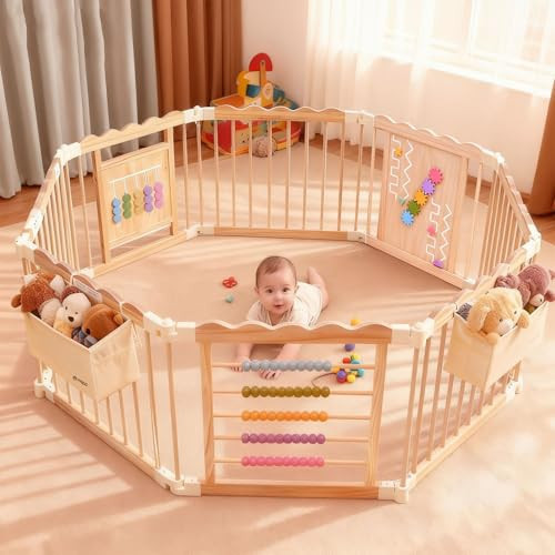 M MEEPO Baby Playpen, 57 x 57 x 25 in, Adjustable Size & Shape Wooden Baby Playpen with 2-Pack Storage Bags, Nature Pine Wood Foldable Play Yard for Infant, Toddler, Safety Lock Door, Easy to Assemble | Amazon (US)
