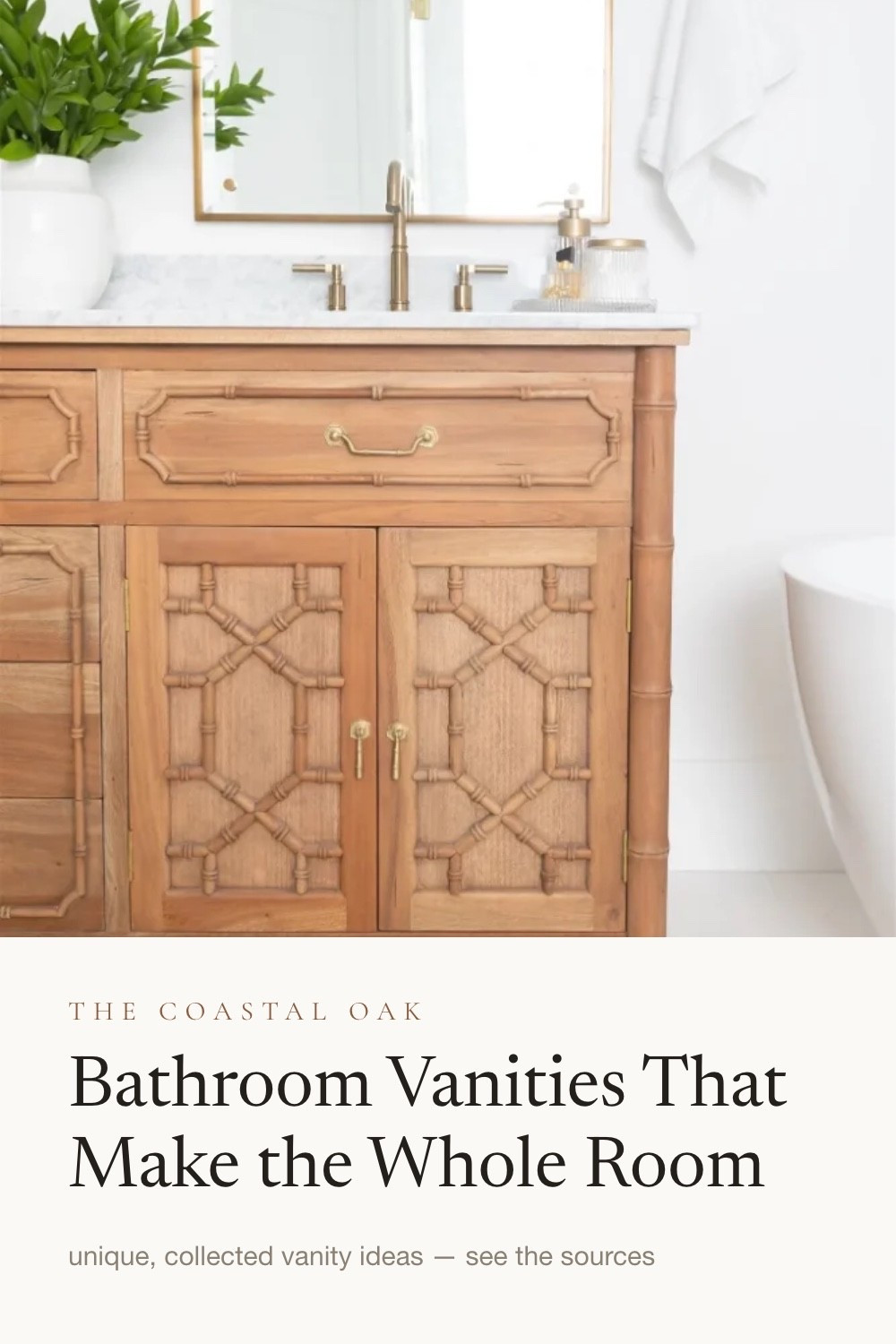 One of my favorite details in our bathroom will always be this vanity. The warm wood, bamboo-inspired detailing and brass hardware add so much character against the white bathroom. Linking similar unique bathroom vanities, mirrors, lighting + bathroom finds.

Actual vanity is Bramble & Co Steven Shell

#LTKHome