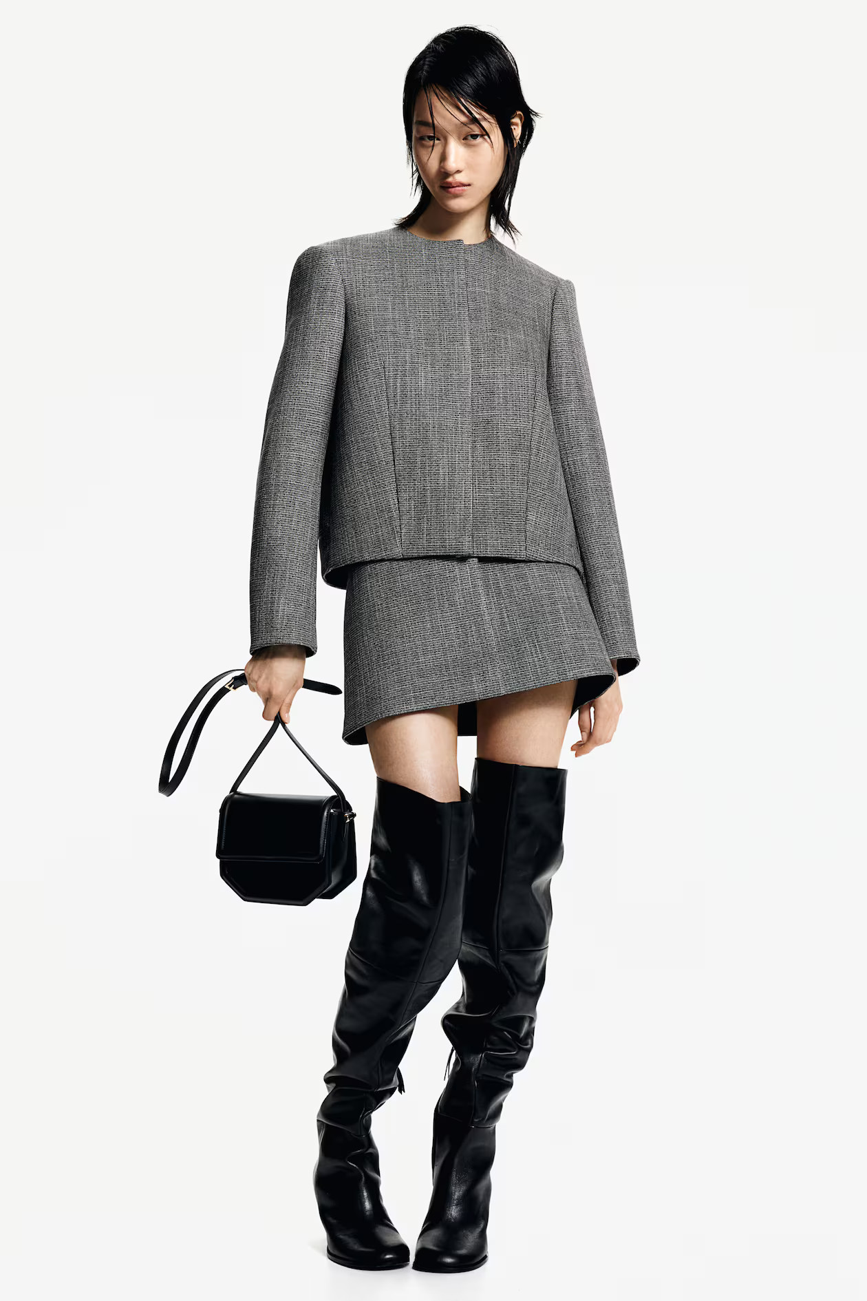 Structured Twill Mini Skirt - Regular waist - Mini - Gray melange - Ladies | H&M US | H&M (US + CA)