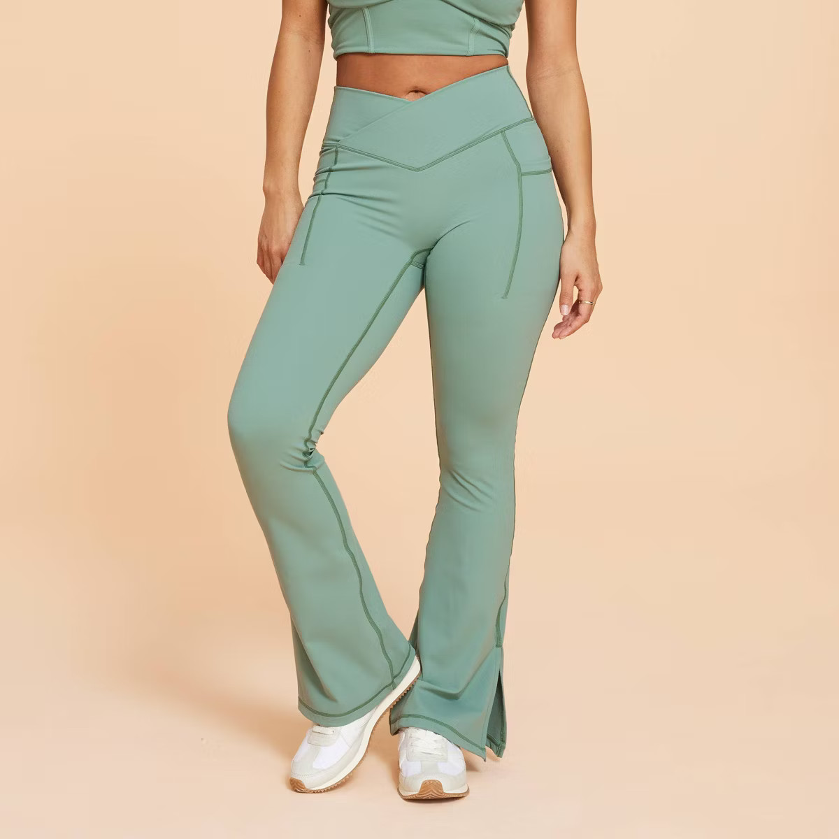 Blogilates Women's Criss Cross High-Rise Flared Leggings - Olive Green S | Target