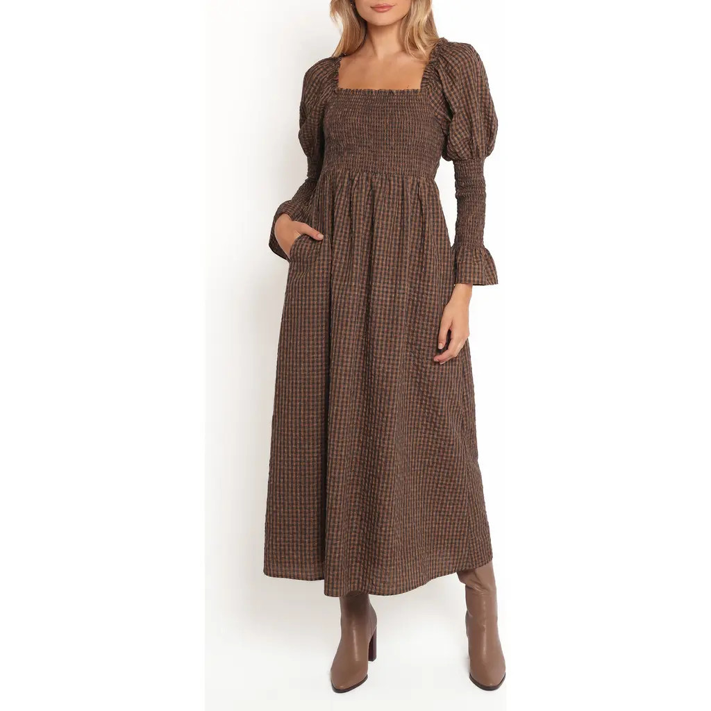 Petal & Pup Cyrena Long Sleeve Fit & Flare Maxi Dress in Brown Check at Nordstrom, Size X-Small | Nordstrom