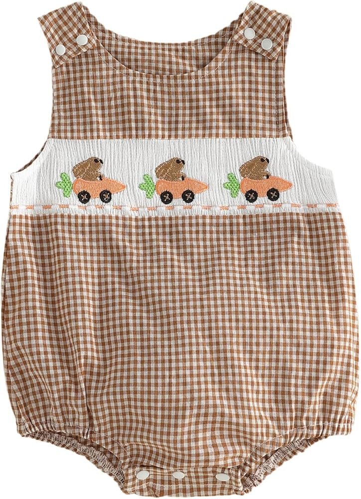 Newborn Baby Boy Easter Outfit Bunny Embroidery Sleeveless Smocked Bubble Romper Striped/Plaid Ov... | Amazon (US)