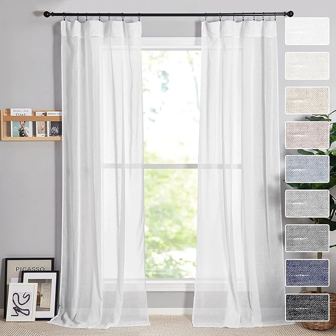 RYB HOME White Sheer Curtains - Faux Linen Semi Sheer Linen Curtains Light Glare Filtering Privac... | Amazon (US)