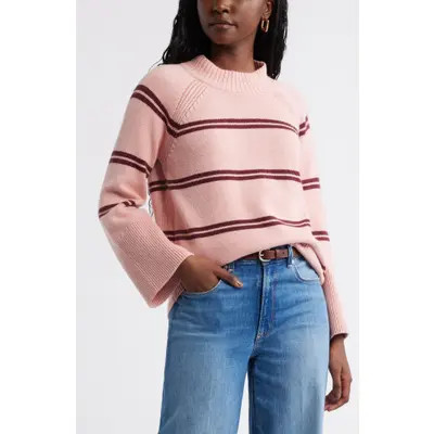 caslon(r) Bell Sleeve Mock Neck Merino Wool & Cotton Sweater in Ivory- Navy Duo Stripe at Nordstrom, Size Large | Nordstrom
