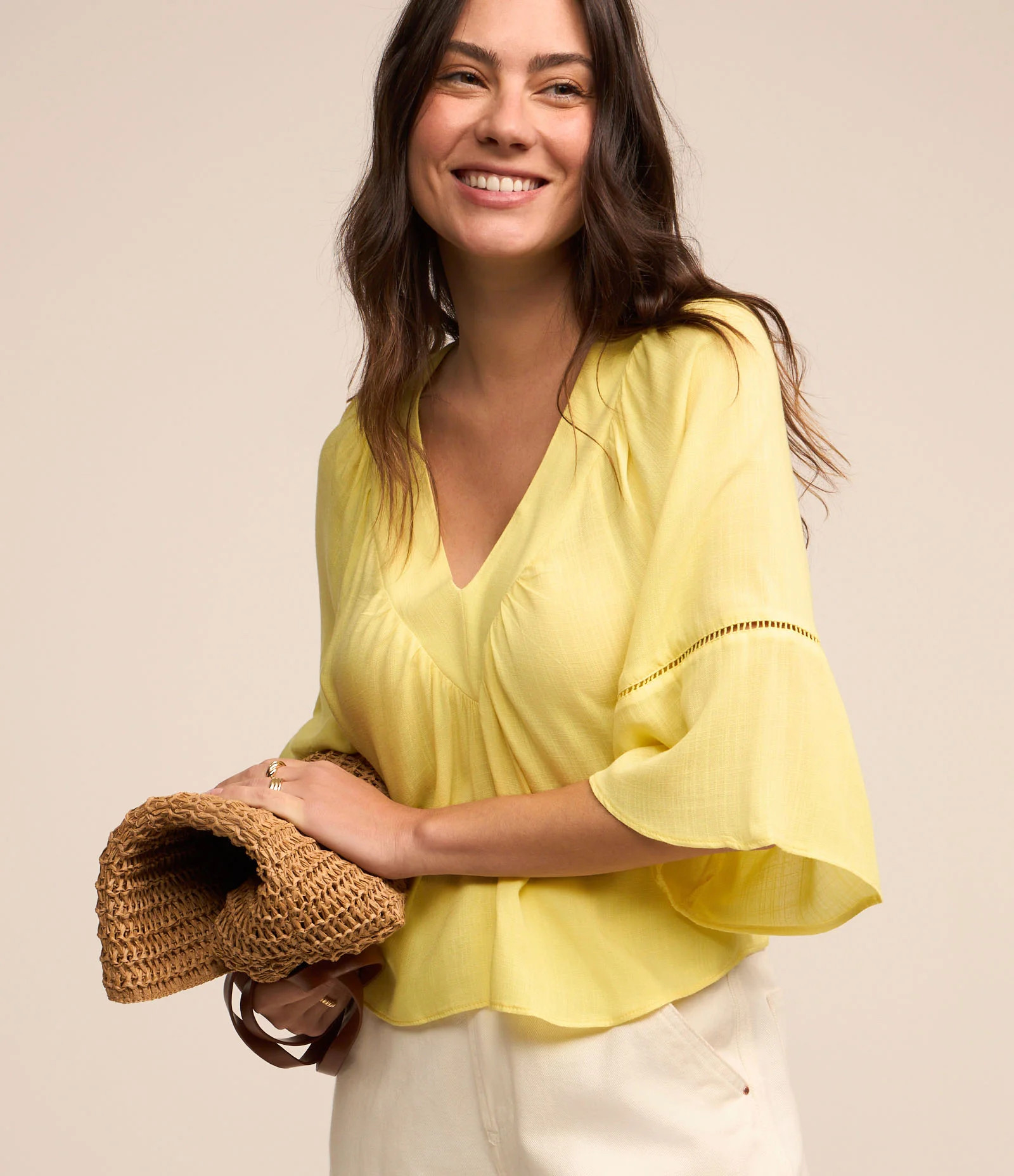 Blusa em Viscose com Detalhe de Entremeios e Franzidos Amarelo - Lojas Renner | Renner (BR)