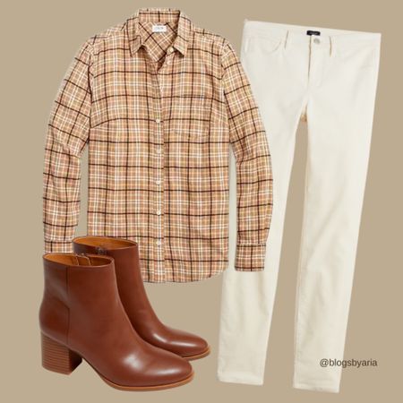 Fall casual outfit with plaid button down shirt, skinny corduroy pants and brown ankle boots on sale this weekend!!

#LTKstyletip #LTKsalealert #LTKSeasonal